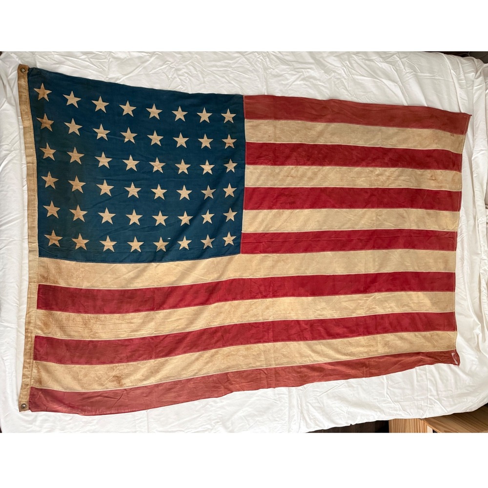 Vintage 48 Stars American Flag Large Red White Blue WW2 Era Distressed 65x43